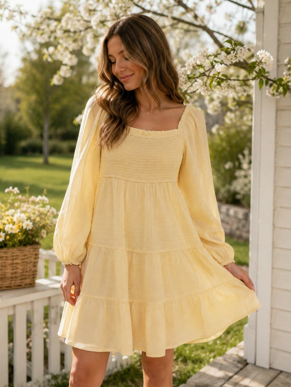 Hem & Thread Yellow Smocked Dress Sz Small